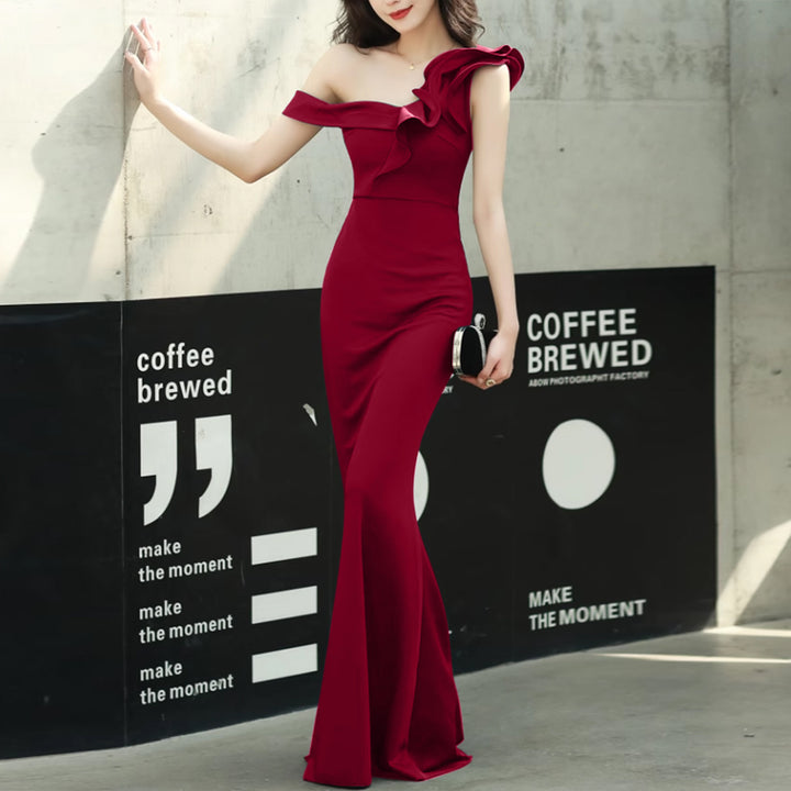 CAROV Ruffled Off-Shoulder Evening Dress Gown
