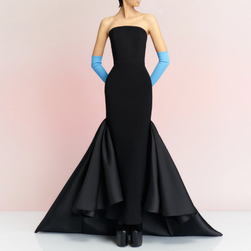 Black CUDAH Ruffled Hem Tube Evening Dress Gown | i The Label 1:1 assistant measurement & fit | Ships in 10 - 15 business days Black CUDAH Ruffled Hem Tube Evening Dress Gown | i The Label 1:1 assistant measurement & fit | Ships in 10 - 15 business days