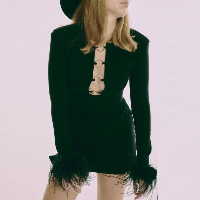 Black DERIS Fur Cut Out Mini Evening Dress Gown | i The Label I The Label Black DERIS Fur Cut Out Mini Evening Dress Gown | i The Label I The Label