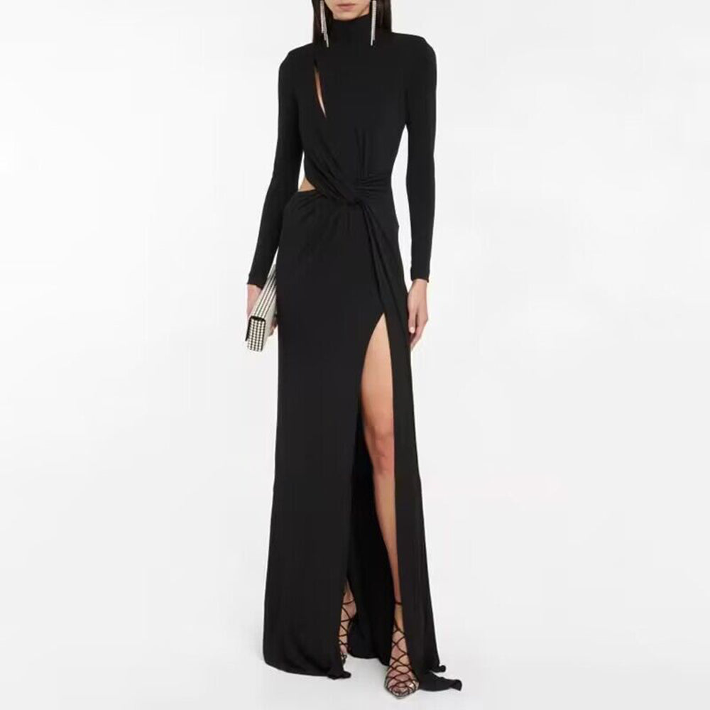 buy black evening dress Beaded Moon and Night Black Sparkle Sequin High Split Evening Dress