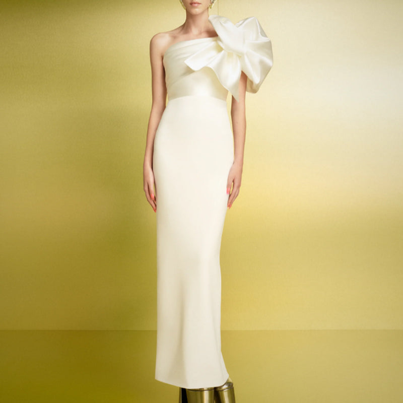 White HALBE Bow One Shoulder Evening Dress Gown | i The