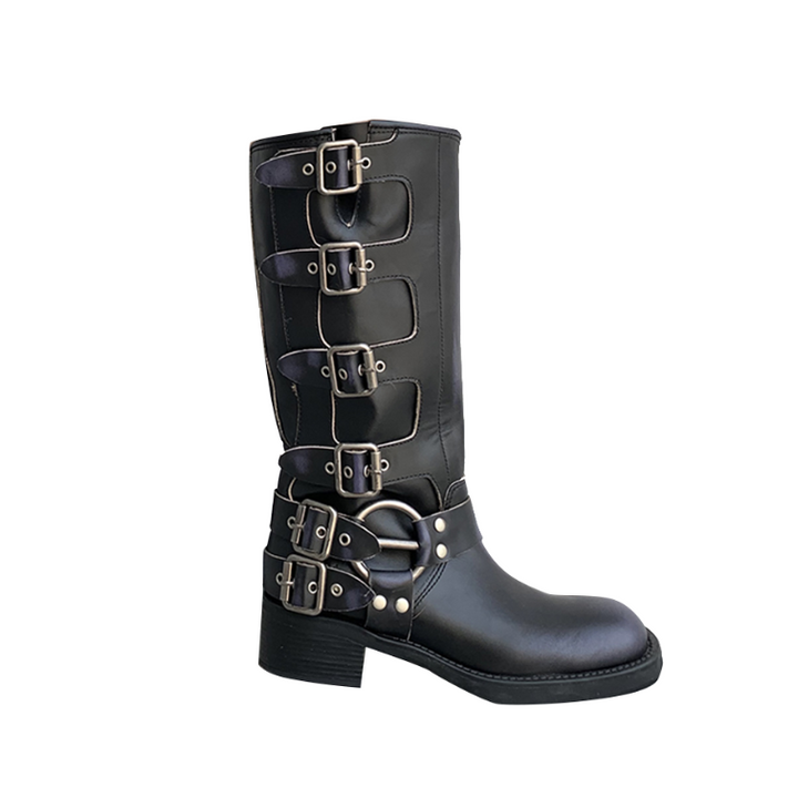 HAUGA Buckled Leather Knee High Boots