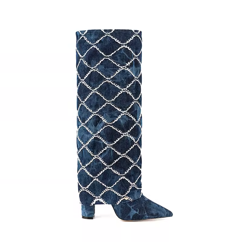 HUTIH Sequinned Square Denim Knee High Boots