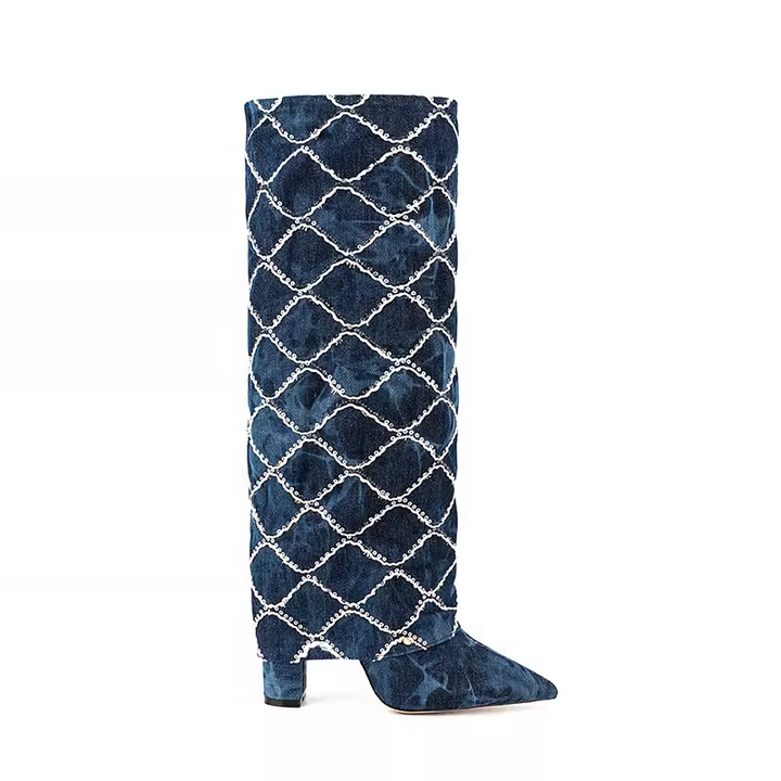 HUTIH Sequinned Square Denim Knee High Boots