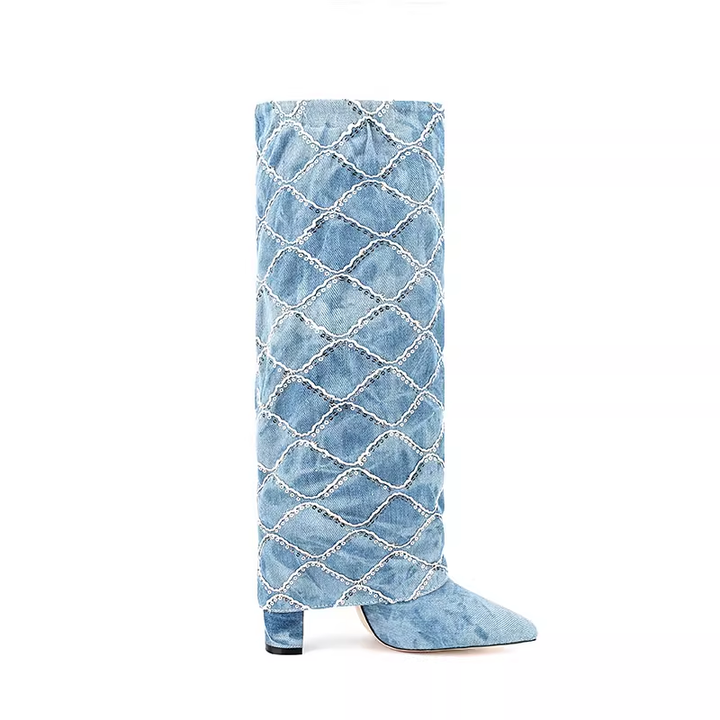 HUTIH Sequinned Square Denim Knee High Boots