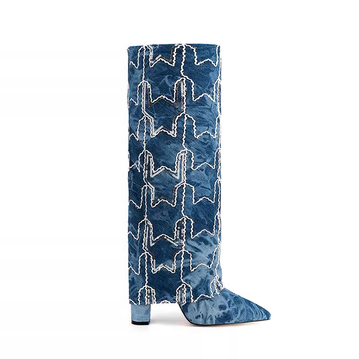 HUTIH Sequinned Star Denim Knee High Boots