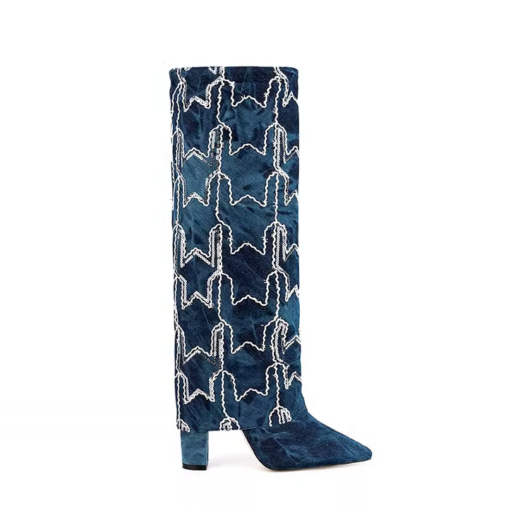 HUTIH Sequinned Star Denim Knee High Boots