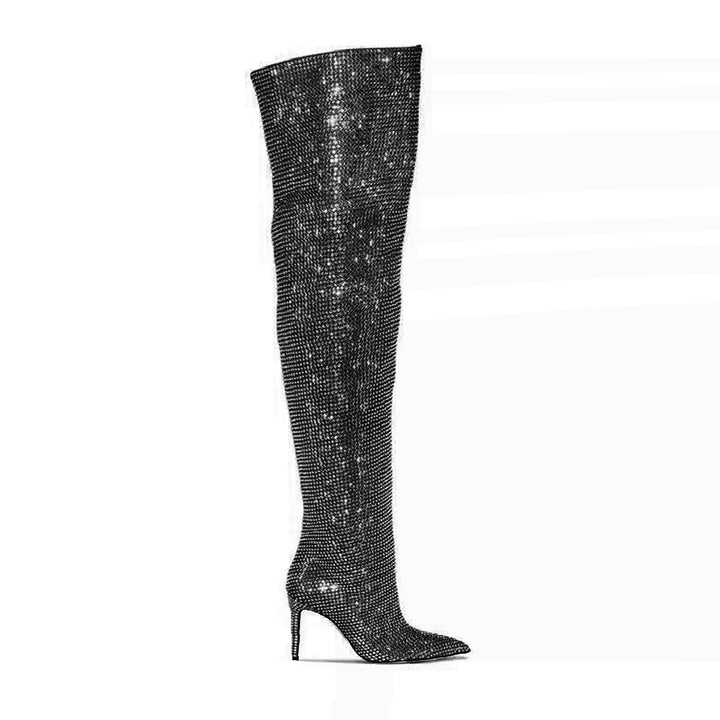 JUIHE Diamante Stiletto Heel Over The Knee Boots - 8.5cm
