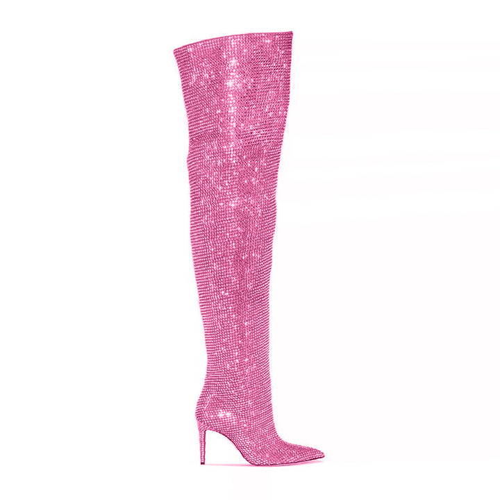 JUIHE Diamante Stiletto Heel Over The Knee Boots - 8.5cm