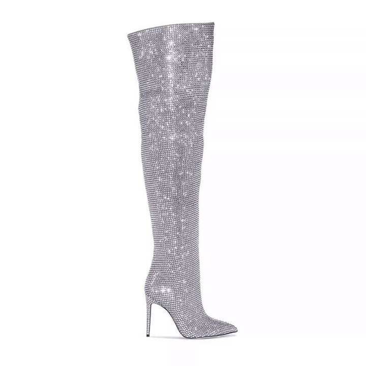 JUIHE Diamante Stiletto Heel Over The Knee Boots - 11.5cm