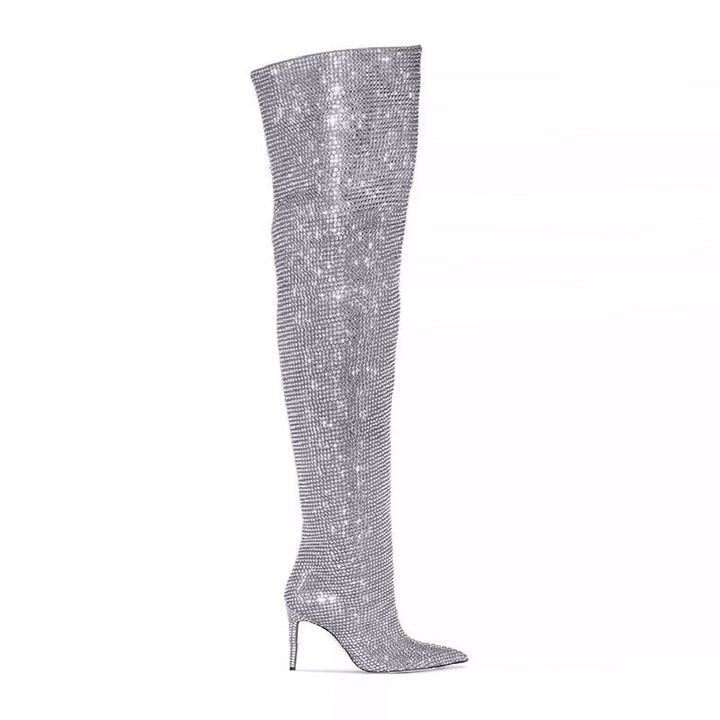 JUIHE Diamante Stiletto Heel Over The Knee Boots - 8.5cm