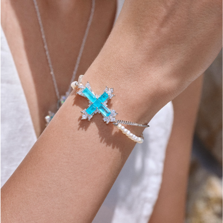 KESUX Diamante And Pearl Cross Bracelet