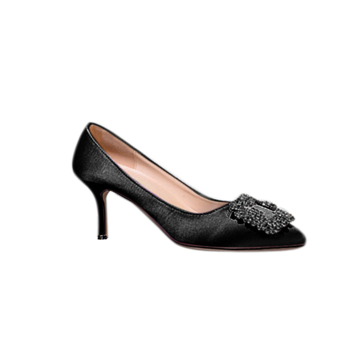 MIRKO Diamante Embellished Satin Mid Heel Pumps - 6cm
