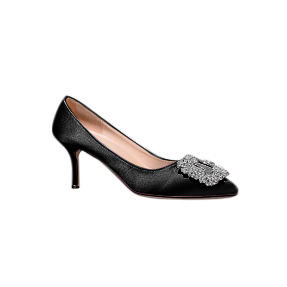 MIRKO Diamante Embellished Satin Mid Heel Pumps - 6cm