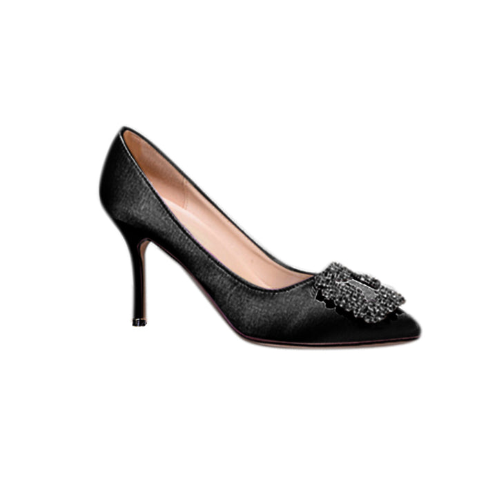 MIRKO Diamante Embellished Satin Mid Heel Pumps - 8cm