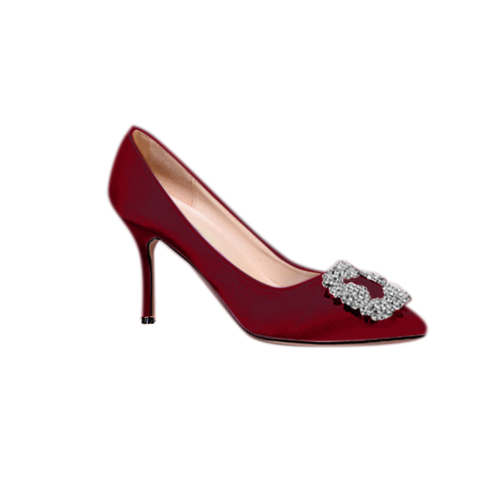 MIRKO Diamante Embellished Satin Mid Heel Pumps - 8cm