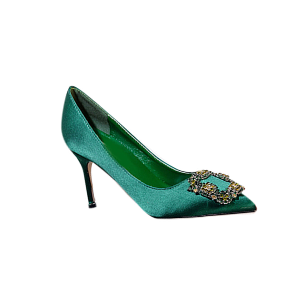 MIRKO Diamante Embellished Satin Mid Heel Pumps - 8cm