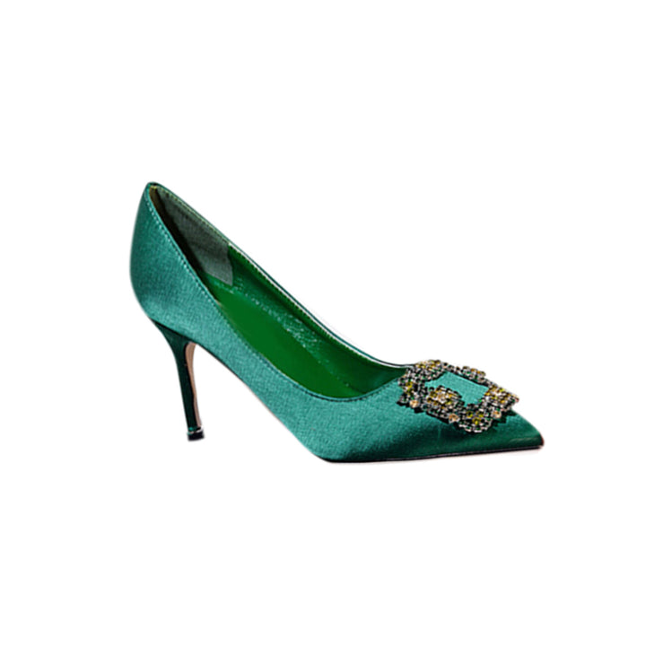 MIRKO Diamante Embellished Satin Mid Heel Pumps - 8cm