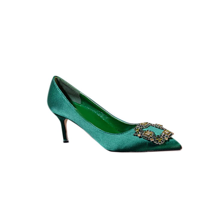 MIRKO Diamante Embellished Satin Mid Heel Pumps - 6cm