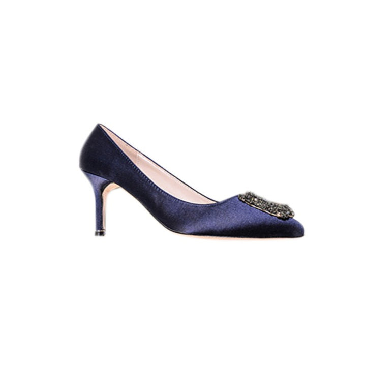 MIRKO Diamante Embellished Satin Mid Heel Pumps - 6cm