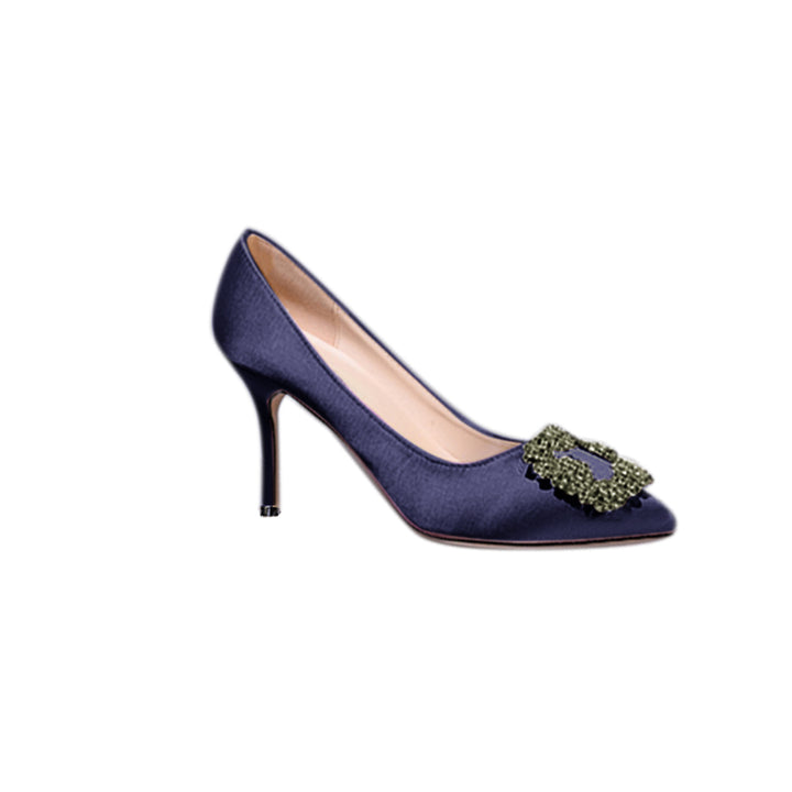 MIRKO Diamante Embellished Satin Mid Heel Pumps - 8cm