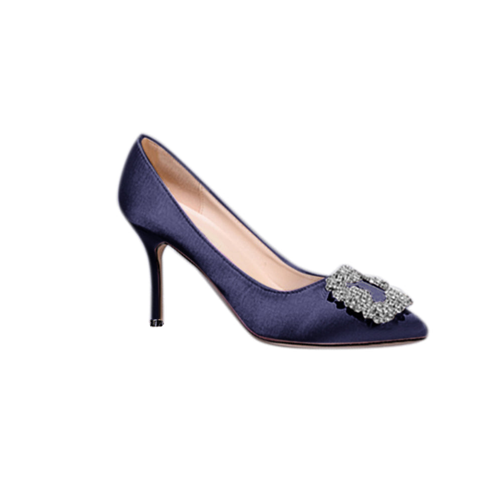 MIRKO Diamante Embellished Satin Mid Heel Pumps - 8cm