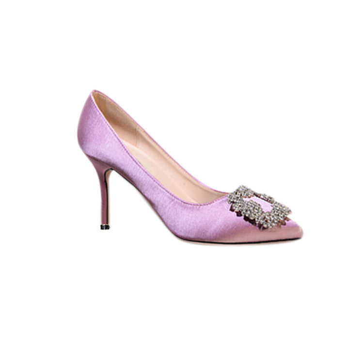 MIRKO Diamante Embellished Satin Mid Heel Pumps - 8cm