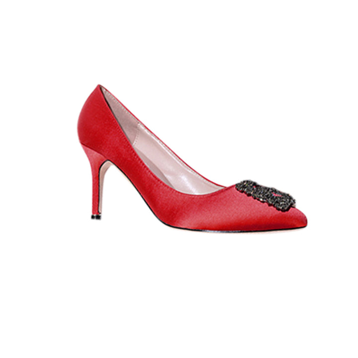 MIRKO Diamante Embellished Satin Mid Heel Pumps - 8cm
