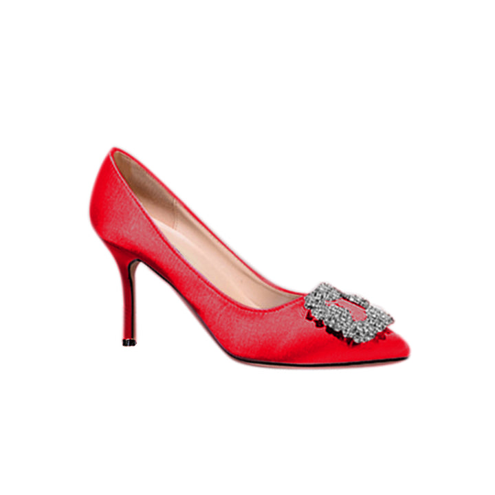 MIRKO Diamante Embellished Satin Mid Heel Pumps - 8cm