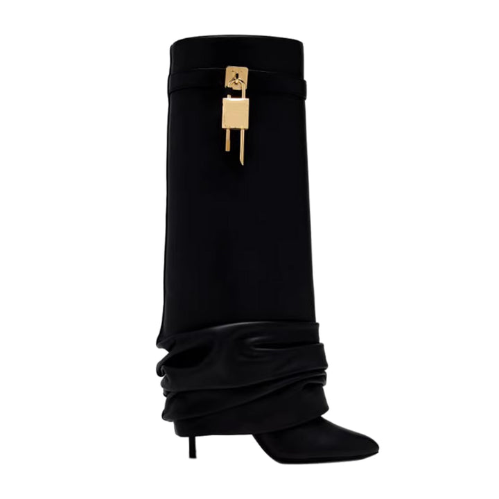 QAMRA Lock Detailed Stiletto Heel Knee High Boots
