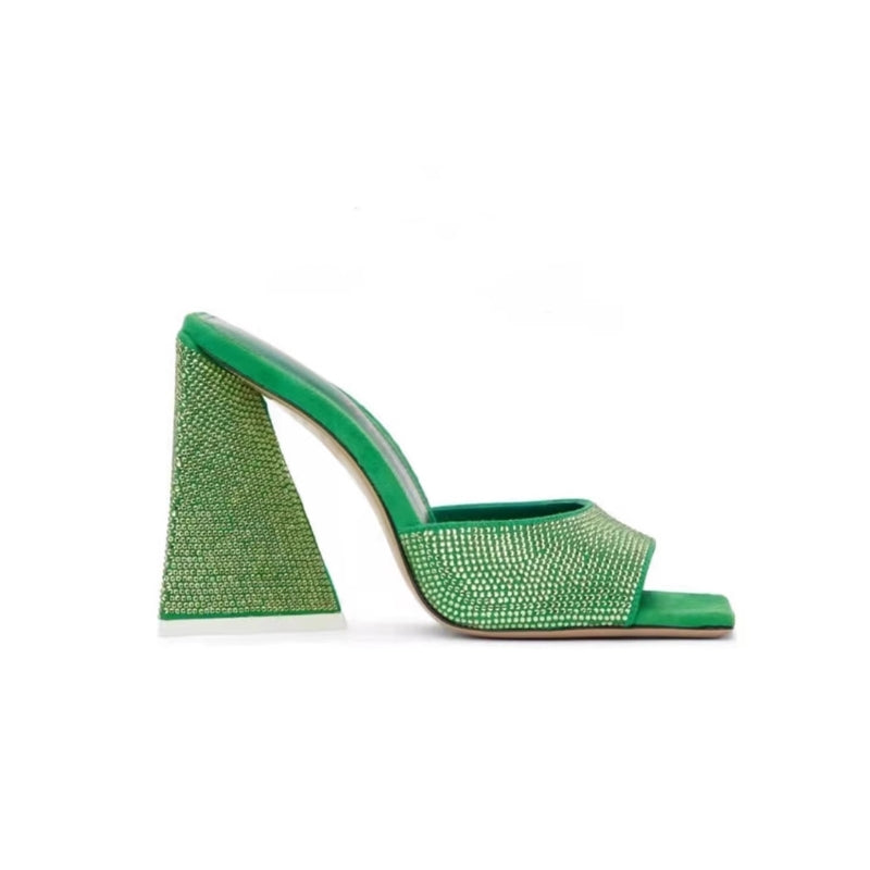RADIA Diamante Block Heel Satin Mules Sandals