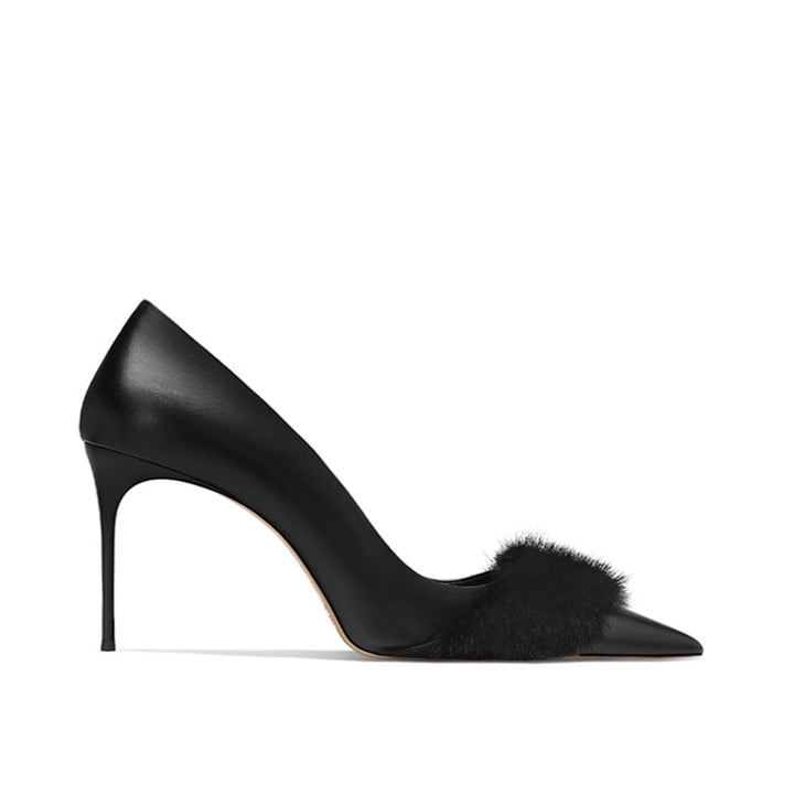 REMIV Fur Embellished Mid Heel Pumps - 6cm