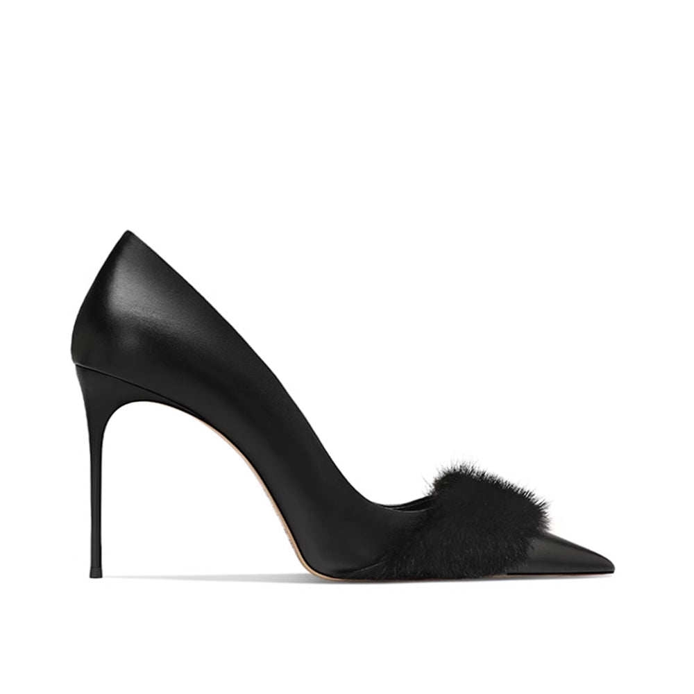 REMIV Fur Embellished Mid Heel Pumps - 8cm