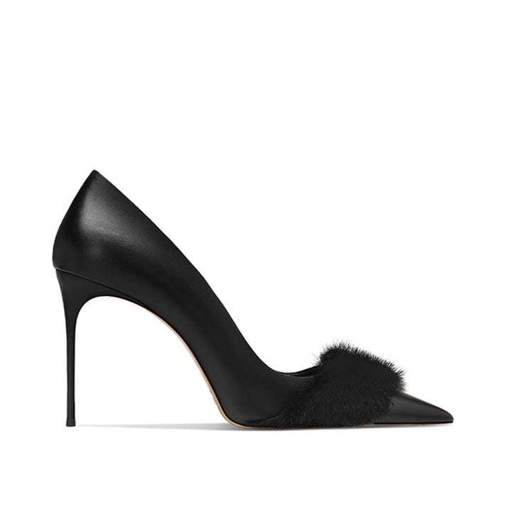 REMIV Fur Embellished Mid Heel Pumps - 8cm