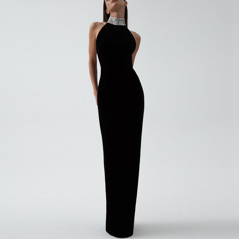 Black RETVI Diamante Maxi Evening Dress Gown
