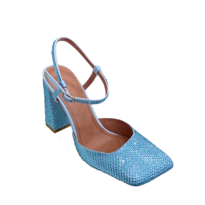 RUVCI Diamante Ankle Strap Block Heel Sandals