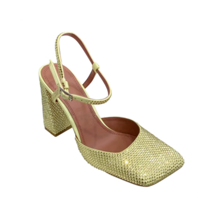 RUVCI Diamante Ankle Strap Block Heel Sandals