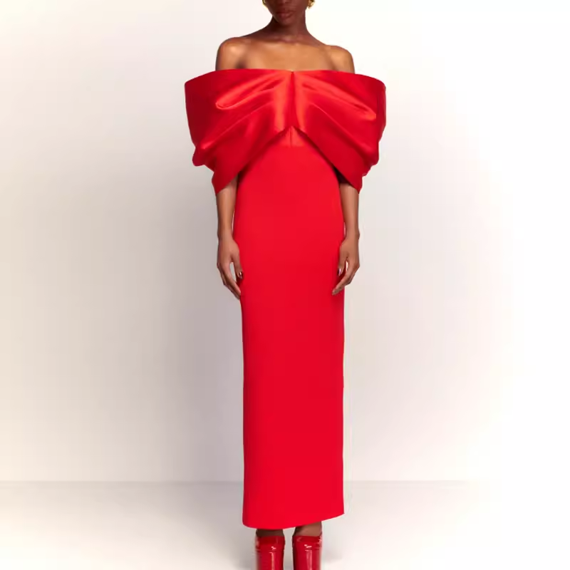 fitted lace wedding dress Red SETRI Big Bow Evening Dress Gown