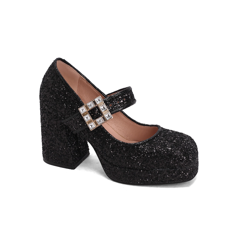 SUVOK Glitter Block Heel Pumps