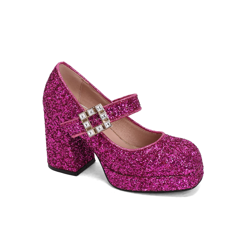 SUVOK Glitter Block Heel Pumps