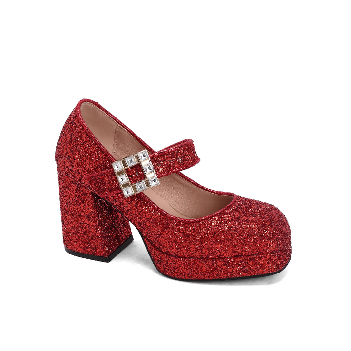 SUVOK Glitter Block Heel Pumps