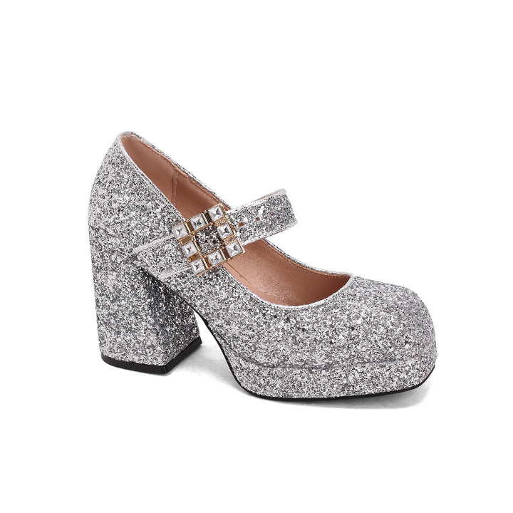 SUVOK Glitter Block Heel Pumps