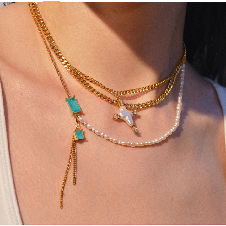TAUQA Pearl Cross Multi Layers Necklace