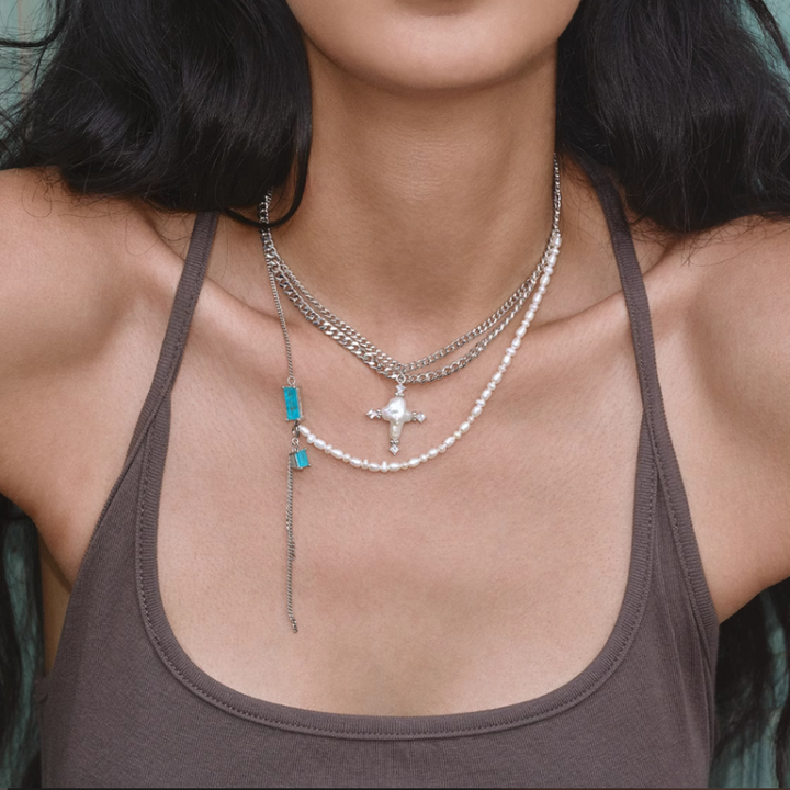TAUQA Pearl Cross Multi Layers Necklace