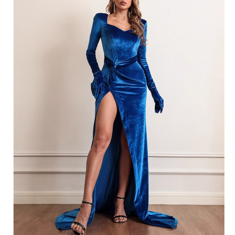 Johnathan Kayne Aqua One Shoulder Velvet Gown Dresses Long Sleeve Velvet  Evening Gown With Slit Wedding
