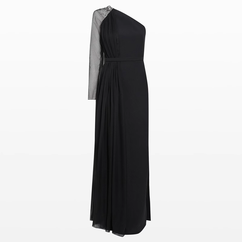 CUERI Asymmetric Sleeves Evening Dress Gown