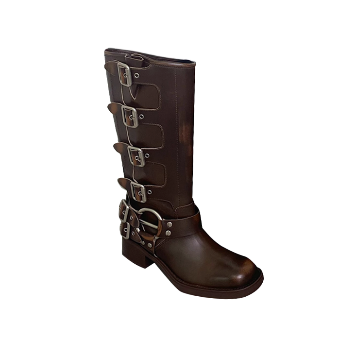 HAUGA Buckled Leather Knee High Boots