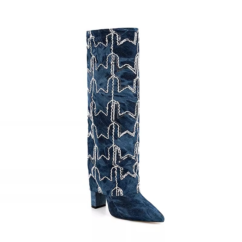 HUTIH Sequinned Star Denim Knee High Boots