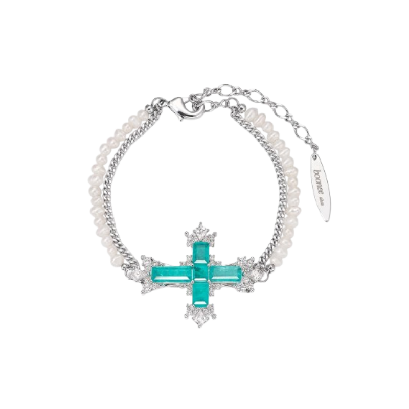 KESUX Diamante And Pearl Cross Bracelet