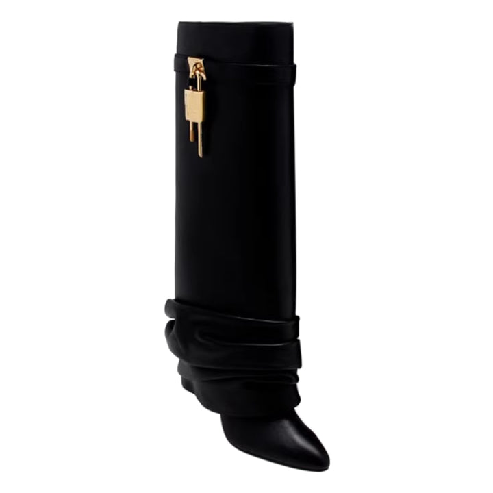 QAMRA Lock Detailed Stiletto Heel Knee High Boots